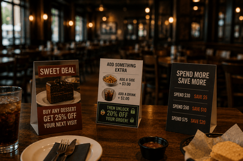 Three restaurant display stands showing different promotional discounts on a wooden table.