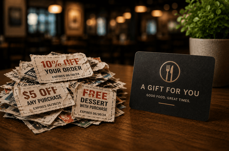 A pile of wrinkled paper restaurant coupons next to a black restaurant gift card on a wooden table.