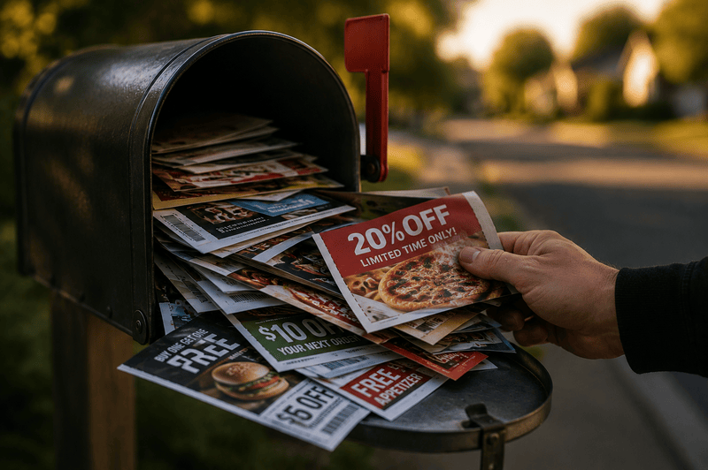 A mailbox overflowing with paper coupons.