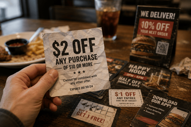 A close-up of a hand holding a paper restaurant coupon surrounded by other promotional coupons and flyers.